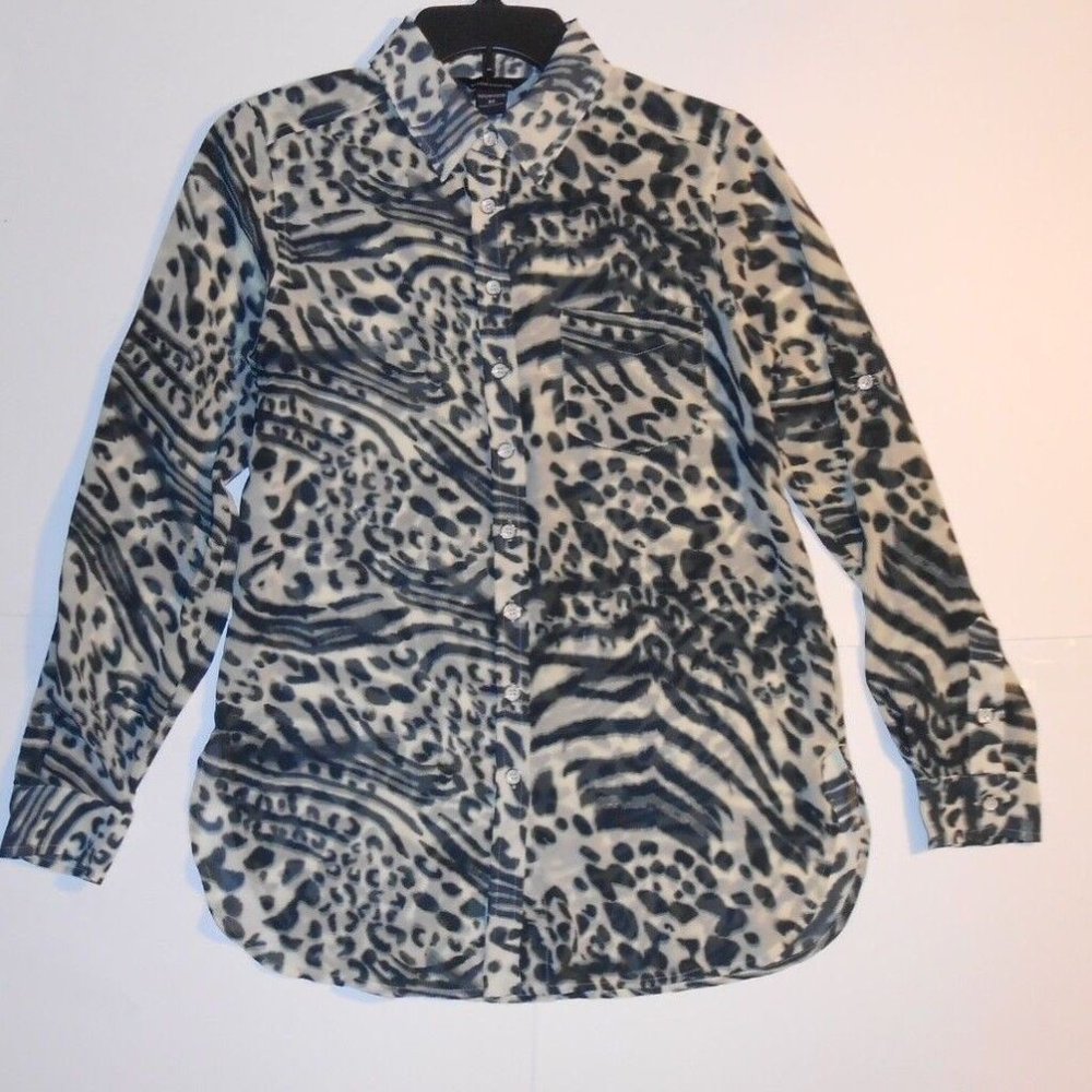 Moda International Size XS Animal Print Sheer Button Up Top Black Beige Gray